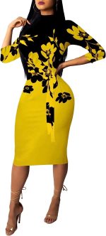 Women's 3/4 Sleeve Bodycon Dresses Work Casual Floral Print Pencil Midi Dresses with Belt